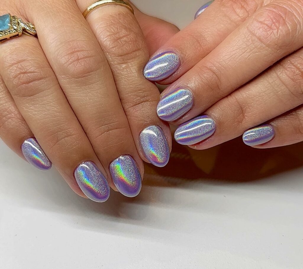 Shimmer with 30 Holographic Nail Designs in 2024 18 Purple Holographic On Small Round Nail