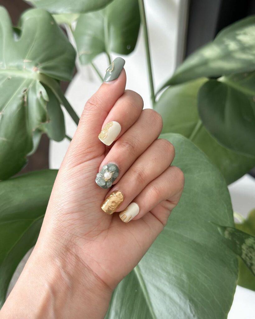 Attend in Style with 25 Wedding Guest Nail Designs in 2024 30 Green And Gold Wedding Guest Nails With 3D Designs