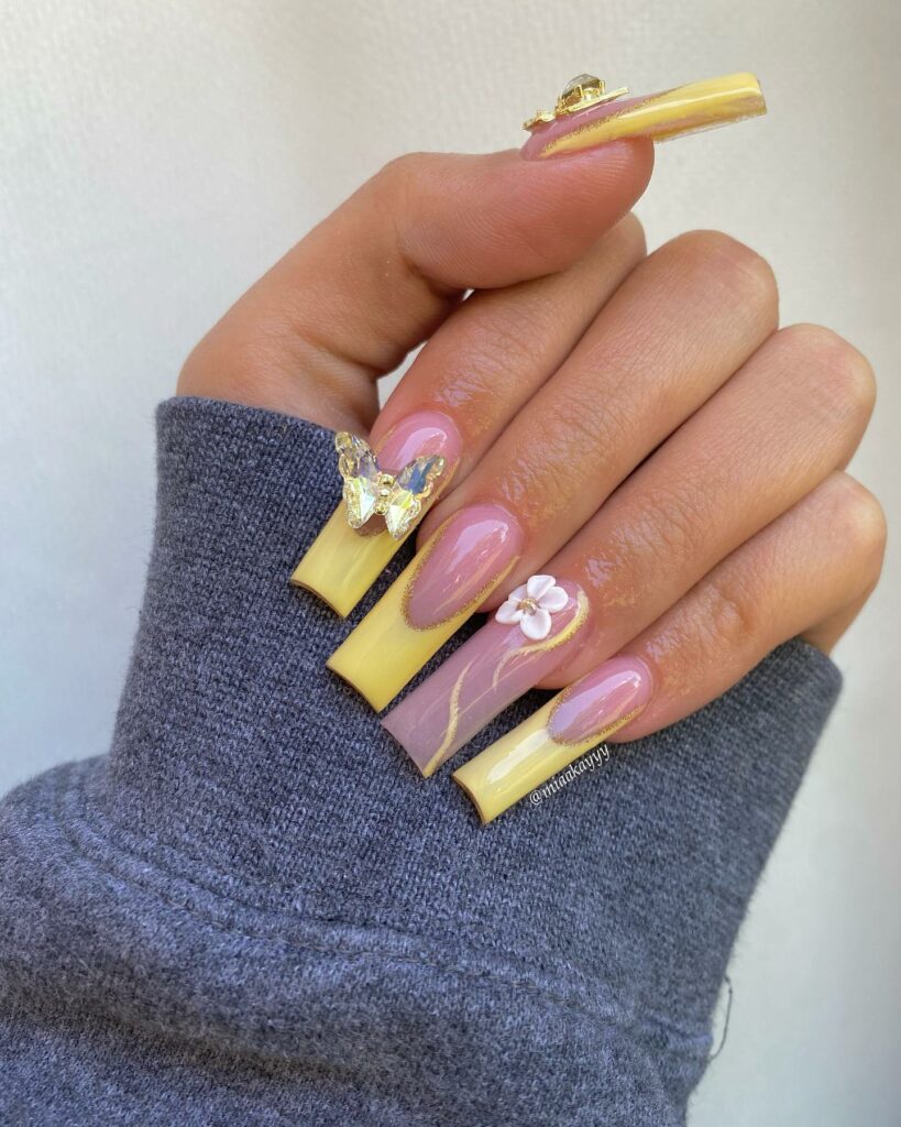 20 Latest Pink And Yellow Nail Ideas To Try In 2024! 27 Long Pink And Yellow Acrylic Nails with Butterfly And Flower Design