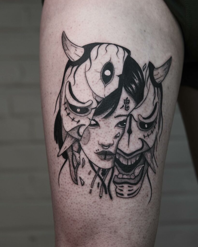 12+ BEST ONI MASK TATTOOS TO INSPIRE YOU - UPDATED 2024 20 Black Ink Thigh Tattoo Oni Mask