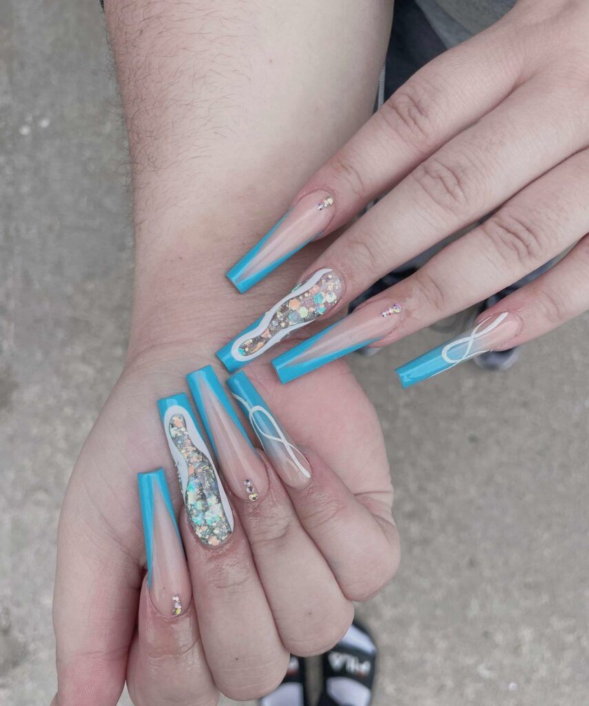 50 Latest V French Tip Coffin Nail Designs To Try In 2024! 44 Dreamy In Baby Blue