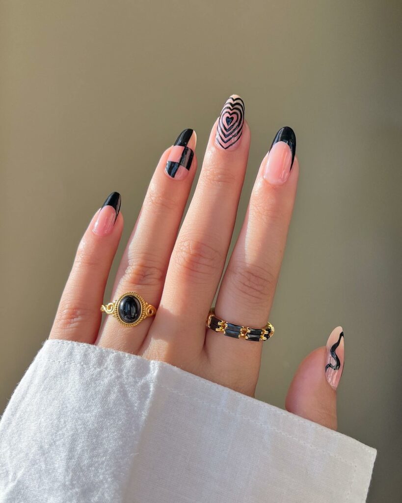 40 Latest Trendy Nail Ideas To Try In 2024! 33 Black Trendy Nails With French, Checkered And Spiral Heart Design