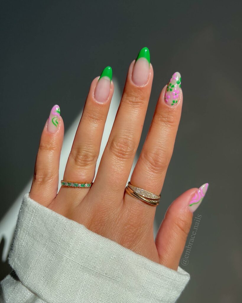 20 Latest Pink And Green Nail Ideas To Try In 2024! 11 Pink And Green Nails Flower Design