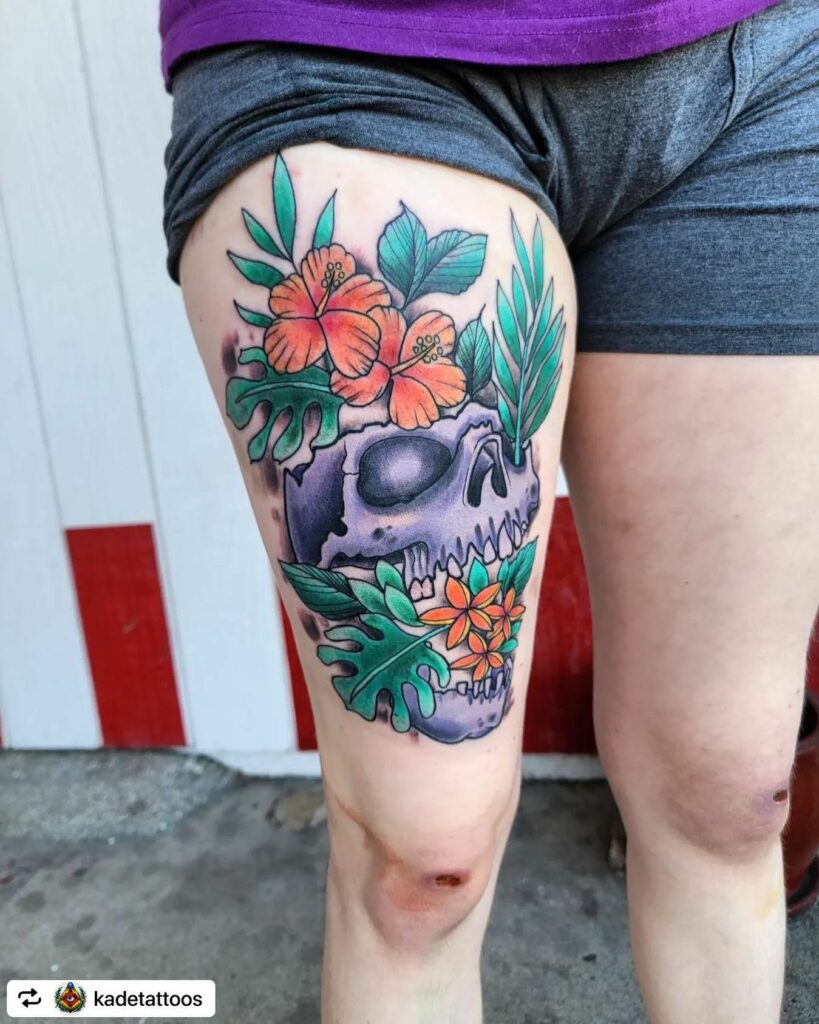 AMAZING HIBISCUS TATTOOS IDEAS ALONG WITH THEIR MEANINGS - UPDATED FOR 2024 16 Skull and Hibiscus Tattoos