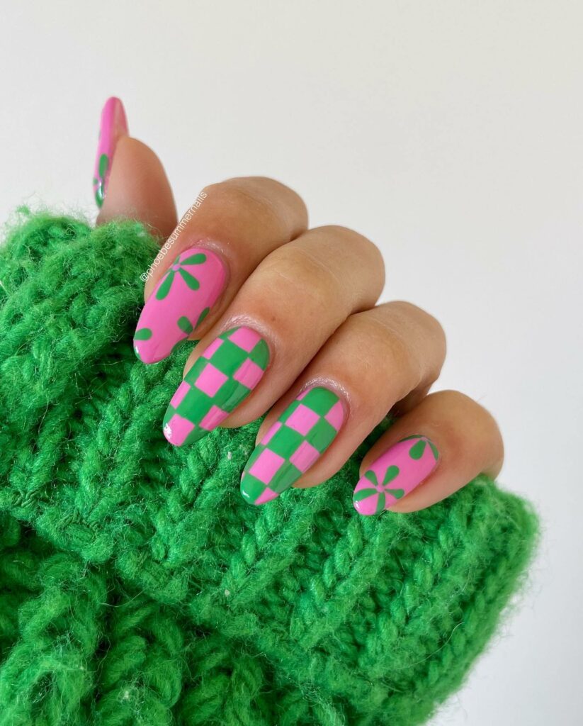 20 Latest Pink And Green Nail Ideas To Try In 2024! 18 Pink And Green Almond Nails With Checkered And Flower Design