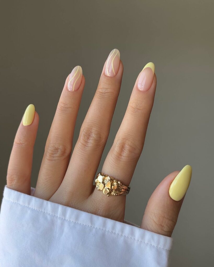 20 Latest Sunshine Nail Ideas To Try In 2024! 28 Sunshine French Almond Nails With Thin Sunray Design