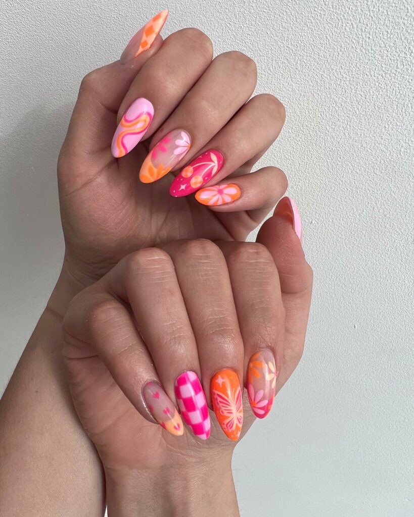 Feel Vibrant with 30 Pink And Orange Nail Designs in 2024 25 Pink And Orange Nails With Checkered And Daises Design