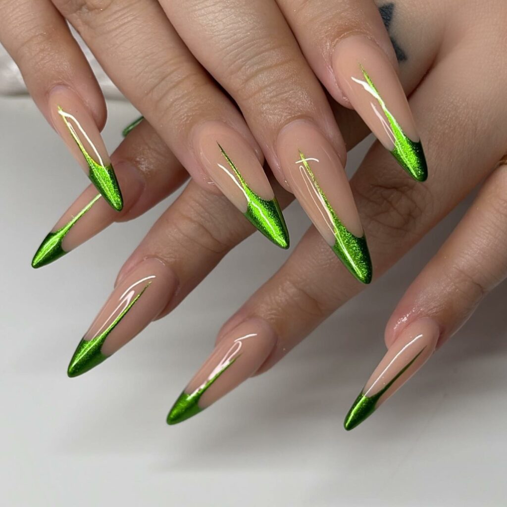 30 Latest Green Chrome Nail Ideas To Try in 2024! 15 Green Chrome French Stiletto Nails