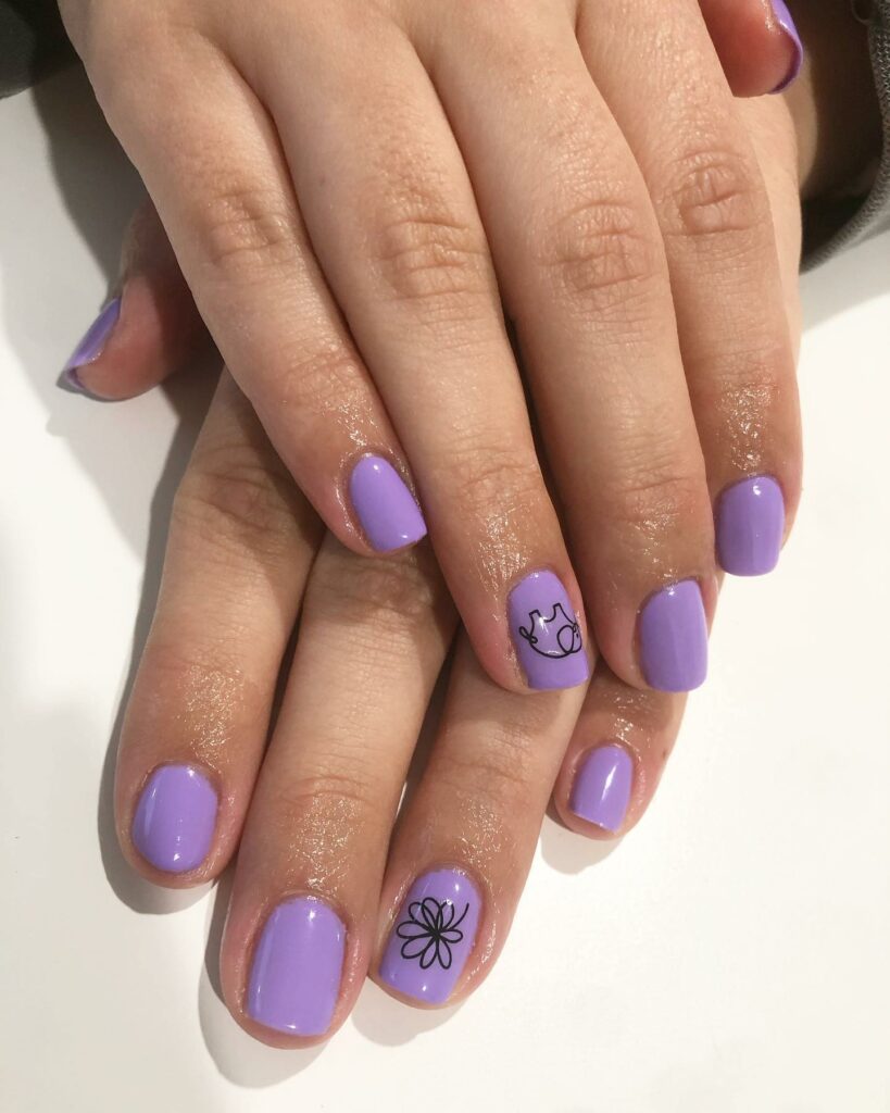 34 Latest Glossy Purple Nail Design Guides To Follow In 2024! 28 Minimalist Short Purple Nails With Black Flower Design