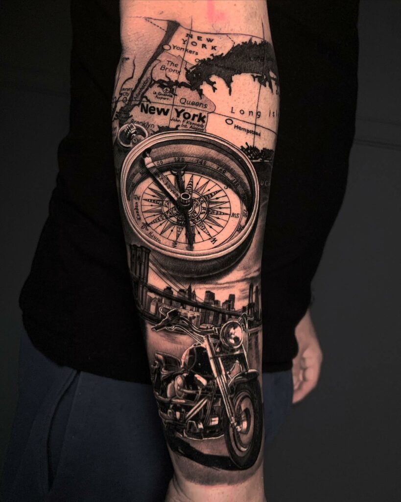 AMAZING COMPASS TATTOOS + THEIR MEANINGS - UPDATED FOR 2024 20 Black-work Compass Tattoos