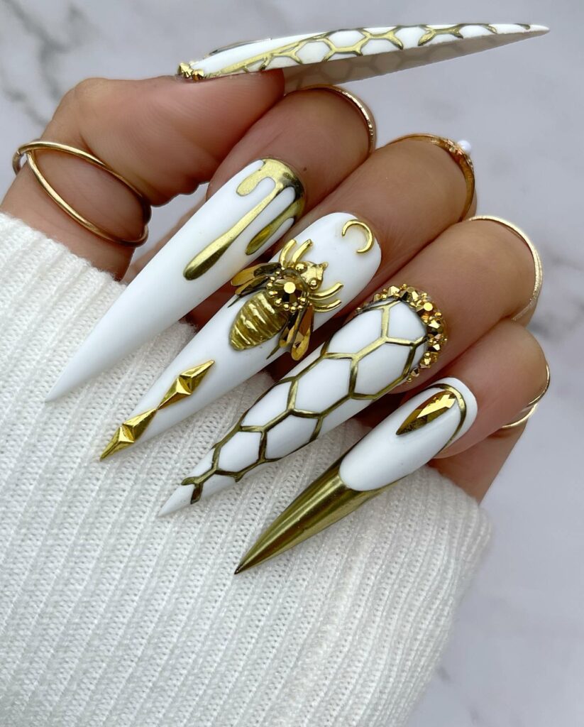 55 Latest Gold French Tip Nail Ideas To Try In 2024! 16 Glam Stiletto White And Gold French Nails