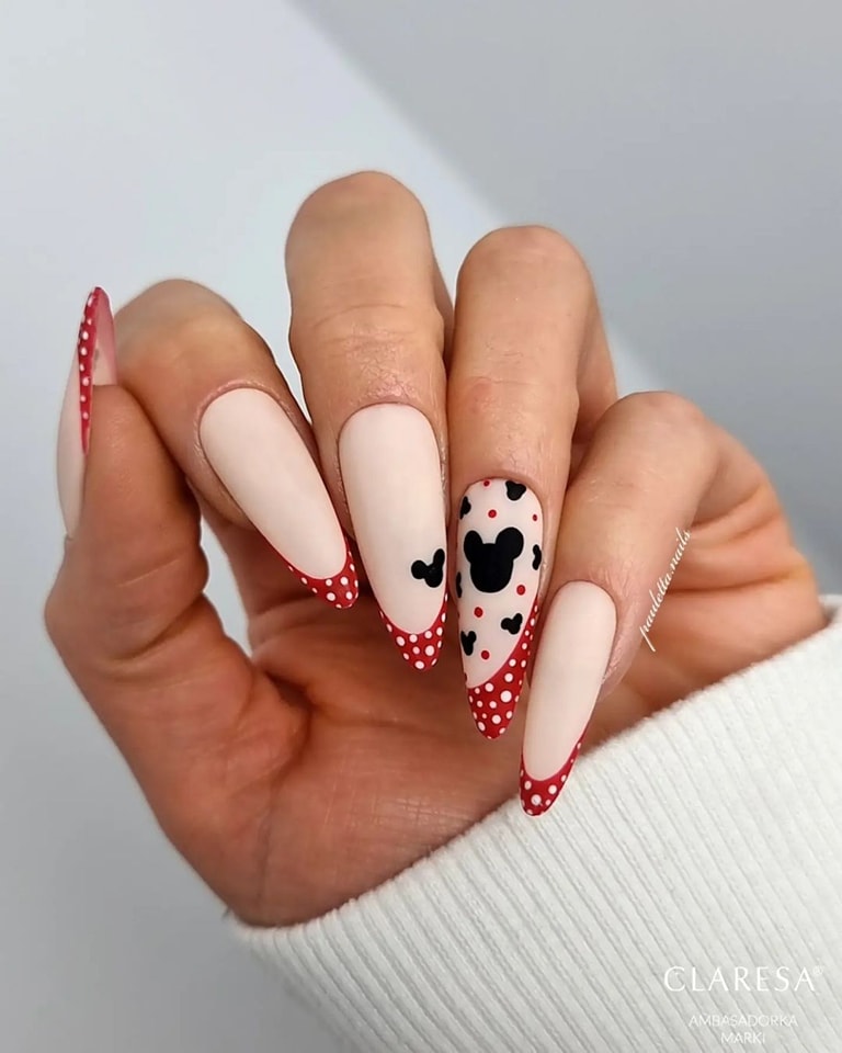 Embrace Childhood with 30 Minnie Mouse Nail Designs in 2024 14 Minnie Mouse Almond Nails With Dotted Red French