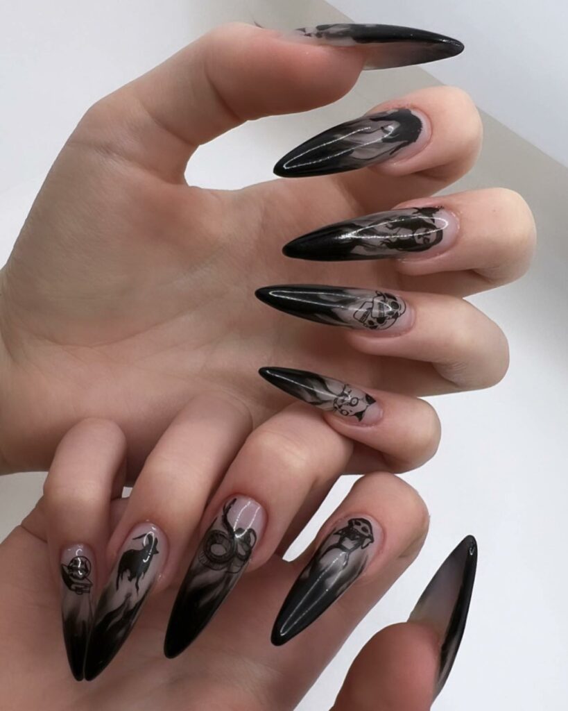25 Latest Gothic Nail Ideas To Try In 2024! 32 Black Ombre Gothic Nails With Witch Design