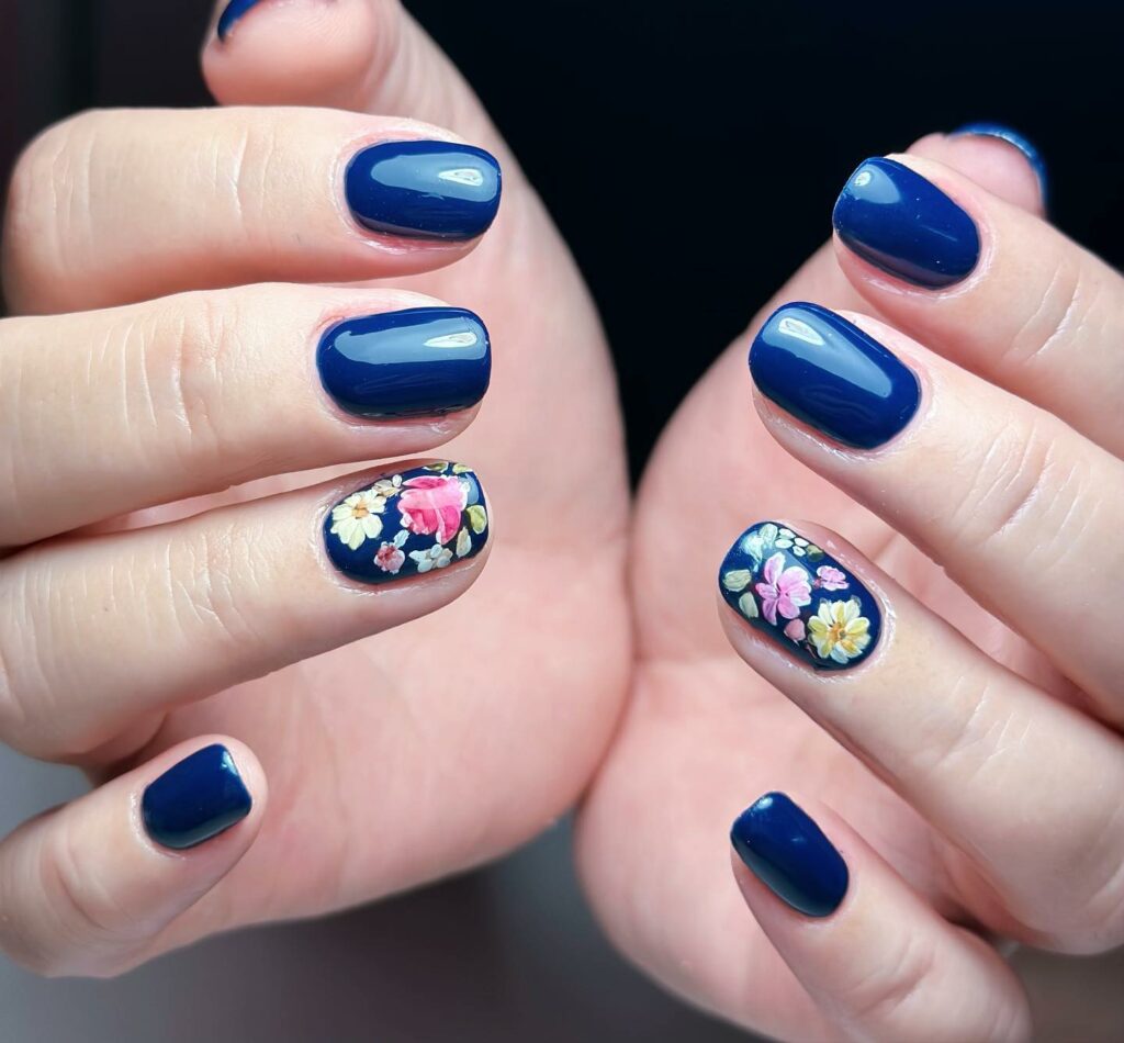 30 Latest Navy Blue Nail Designs To Try In 2024! 30 Dark Blue Nails with Floral Art