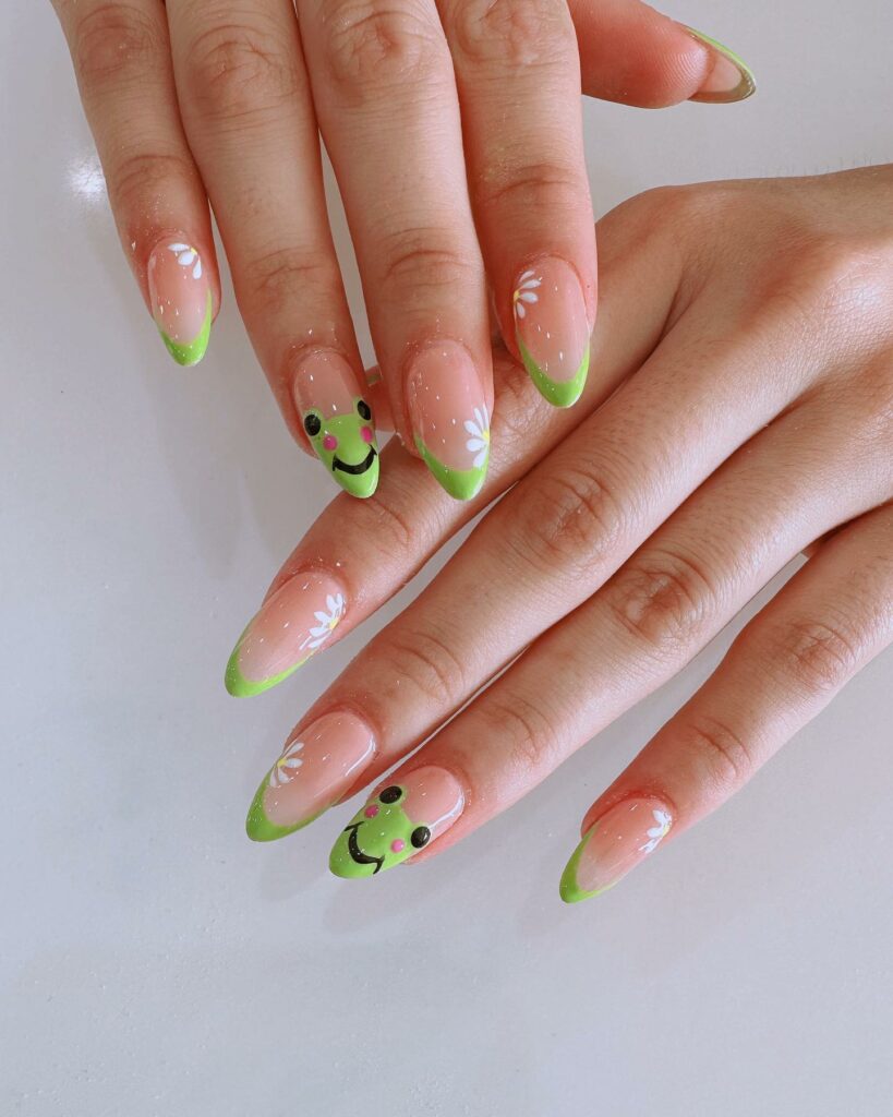 Hop into Fun with 20 Frog Nail Designs in 2024 16 Frog French Nails With Daisy Flower