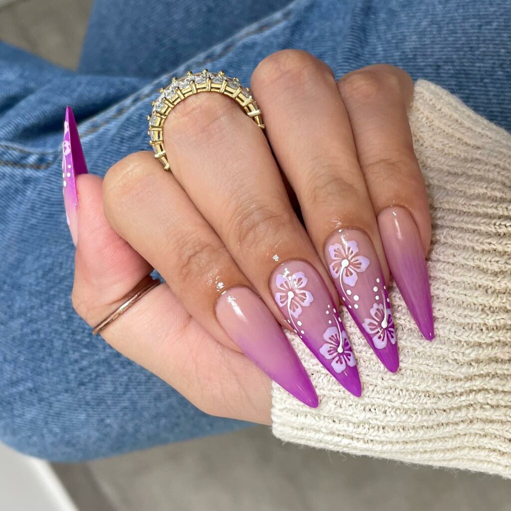 30 Latest Pink And Purple Nail Designs To Try In 2024! 39 Pink And Purple Ombre Stiletto Nails With Flower Design