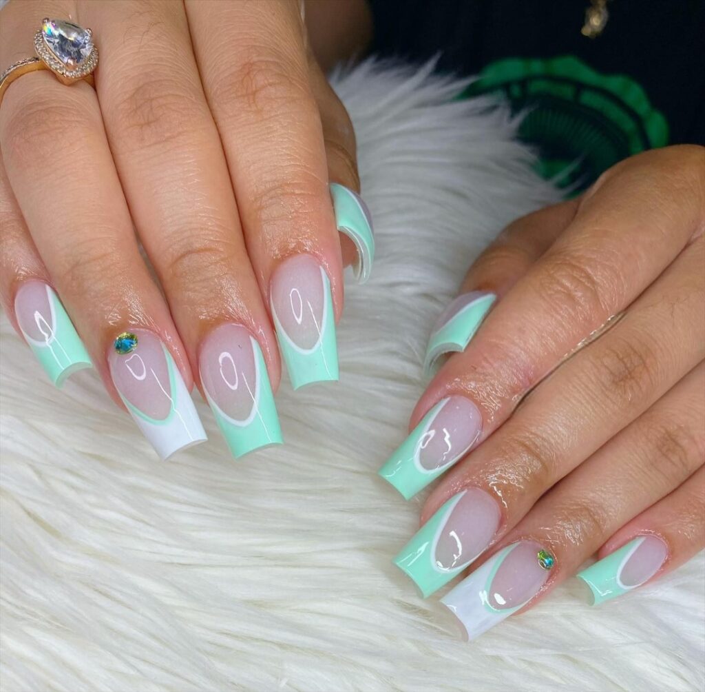 50 Latest V French Tip Coffin Nail Designs To Try In 2024! 14 Pastel Mint Green Coffin V Cut French Tip Nails