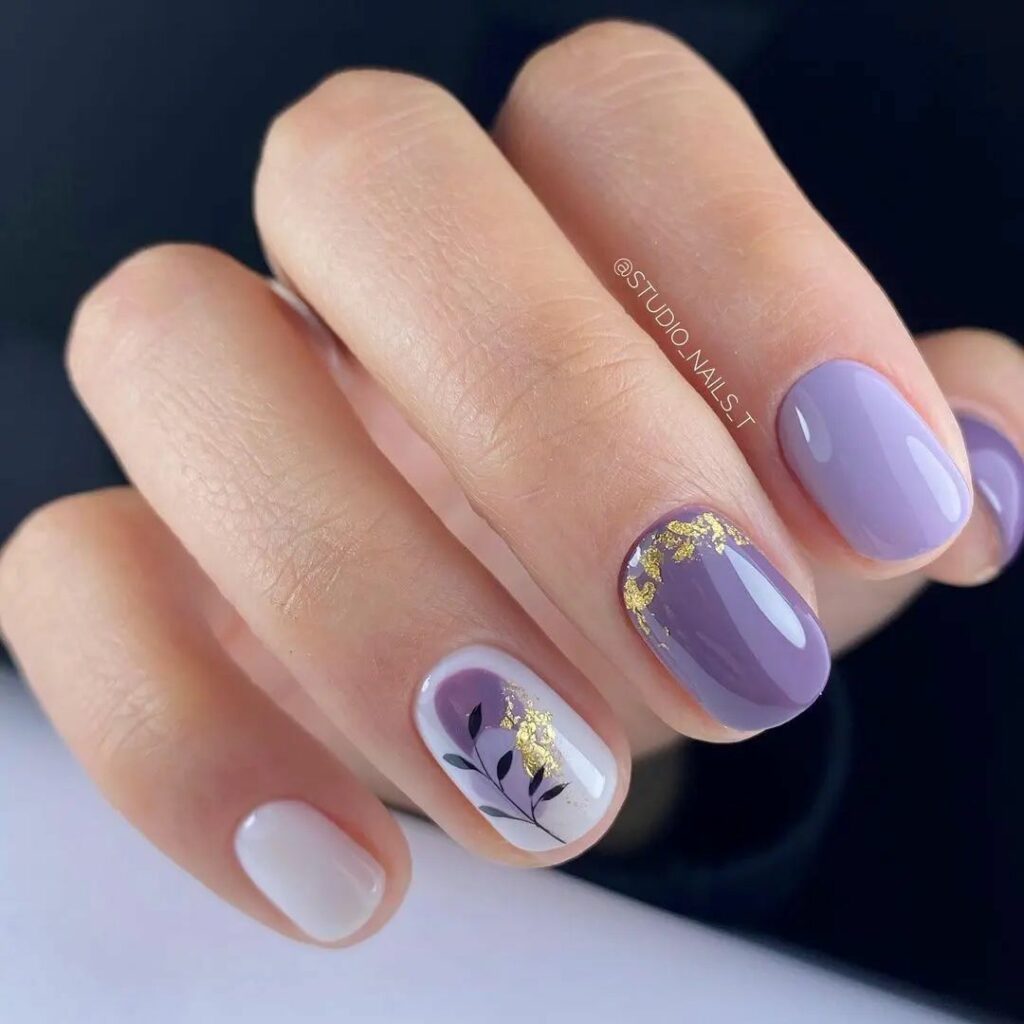 34 Latest Glossy Purple Nail Design Guides To Follow In 2024! 12 Botanical Design Short Purple Nails With Gold Flakes