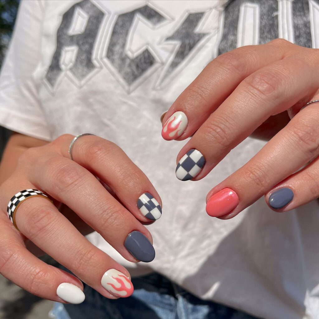 40 Latest Short Summer Nail Designs To Try In 2024! 47 Short Summer Nails With Checkered And Flame Design