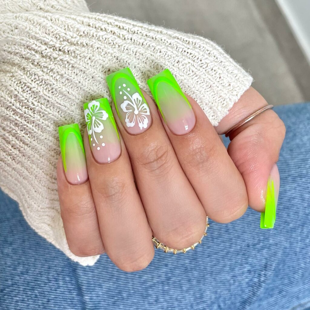 20 Latest Nude Ombre Nail Ideas To Try In 2024! 26 Nude And Green French Ombre Nails With Hibiscus Design