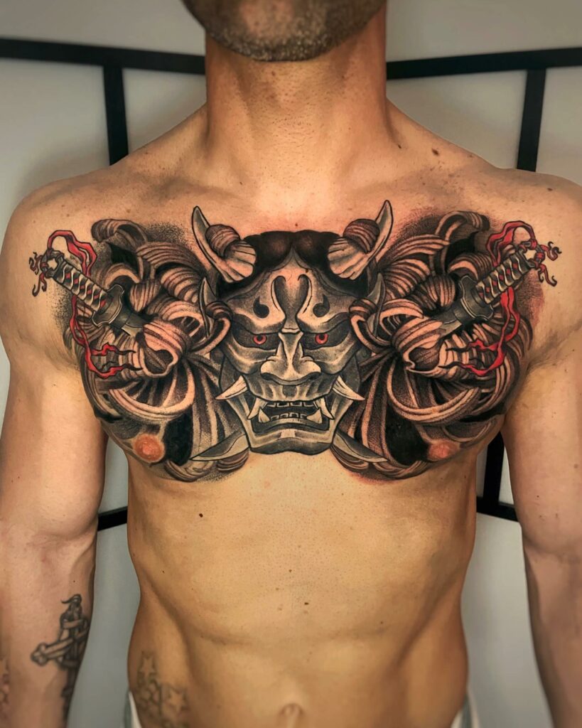 12+ BEST ONI MASK TATTOOS TO INSPIRE YOU - UPDATED 2024 14 Samurai Oni Mask Tattoo Over Chest