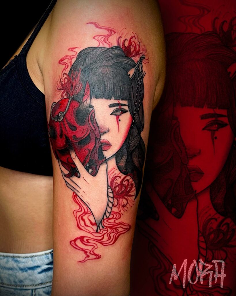12+ BEST ONI MASK TATTOOS TO INSPIRE YOU - UPDATED 2024 15 Giant Red Geisha Oni Mask Tattoo