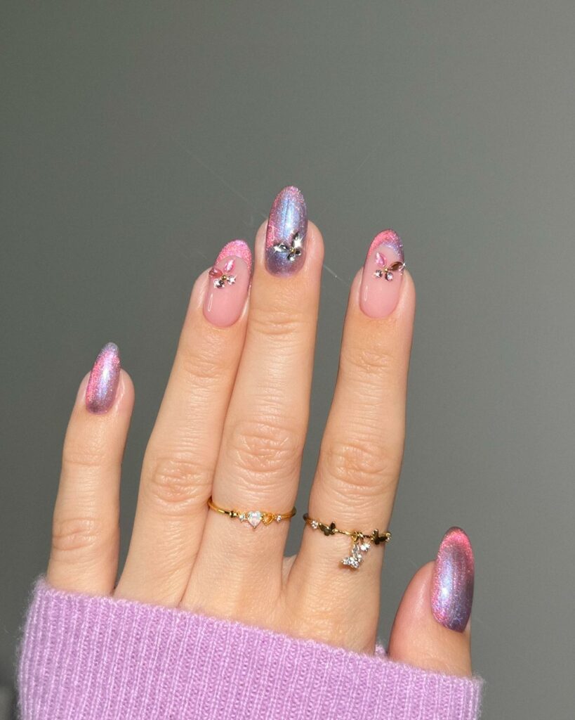 30 Latest Pink And Purple Nail Designs To Try In 2024! 45 Glittery Pink And Purple Nails With Butterfly Design