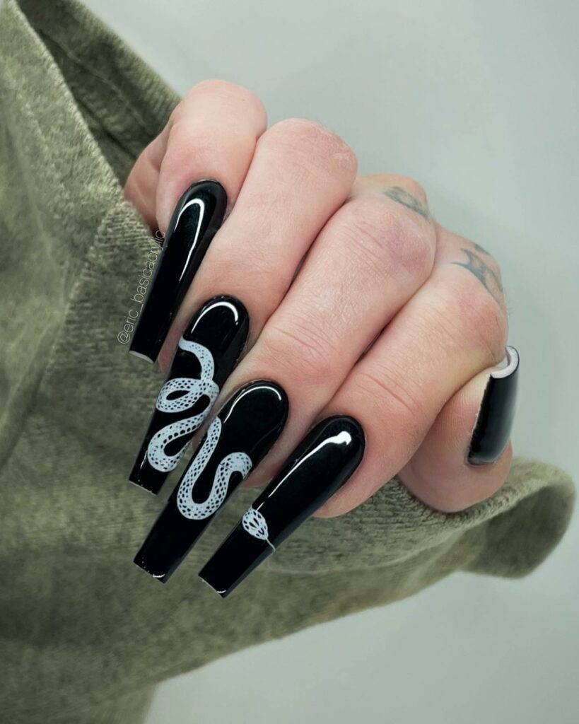 30 Latest Snake Nail Designs To Try In 2024! 34 Long Black Acrylic Coffin Nails With White Snake Design