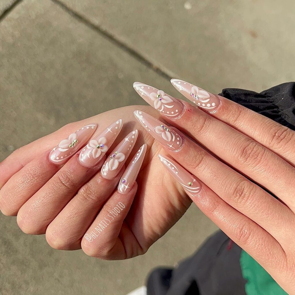 Glow with 20 Pearl White Nail Designs in 2024 22 White Pearl With 3D Flower Design