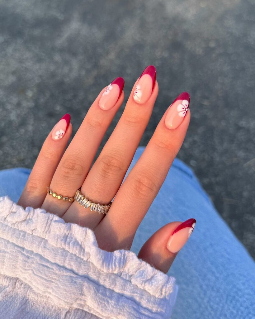 20 Latest Red Almond Nail Ideas To Try In 2024! 12 Red French Almond Nails With Flower