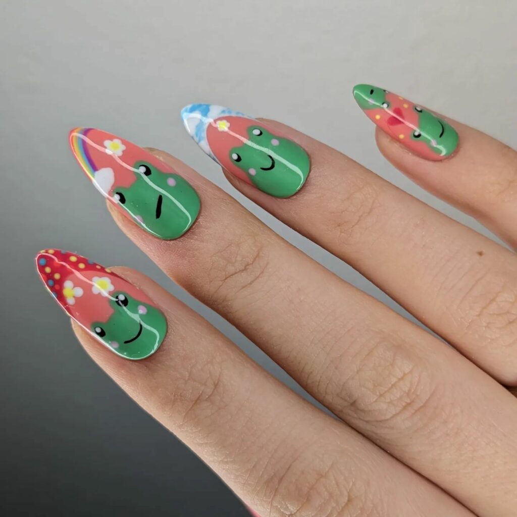 Hop into Fun with 20 Frog Nail Designs in 2024 14 Frog Nails With Rainbow And Dots