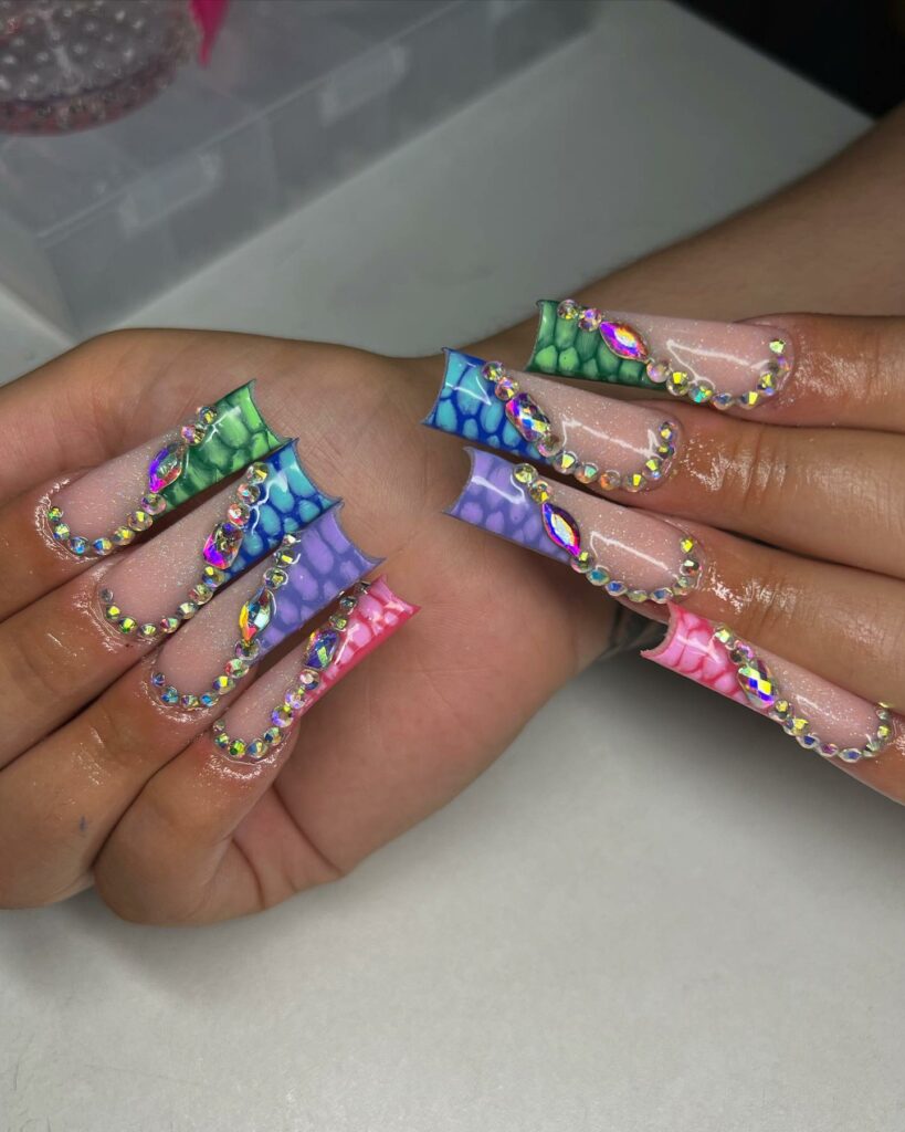 20 Latest Croc Nail Ideas To Try In 2024! 25 Colorful Croc French Nails With Rhinestones