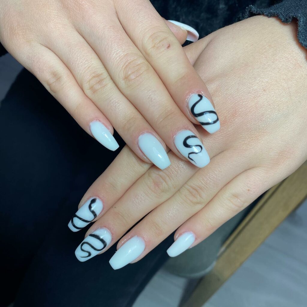 30 Latest Snake Nail Designs To Try In 2024! 33 Black Snake On White Coffin Nails