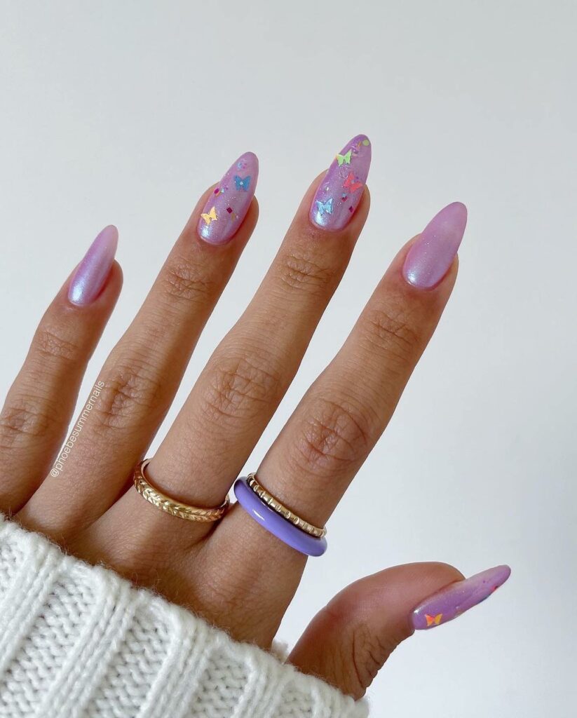40 Latest Trendy Nail Ideas To Try In 2024! 47 Purple Trendy Nails With Colorful Butterfly Design