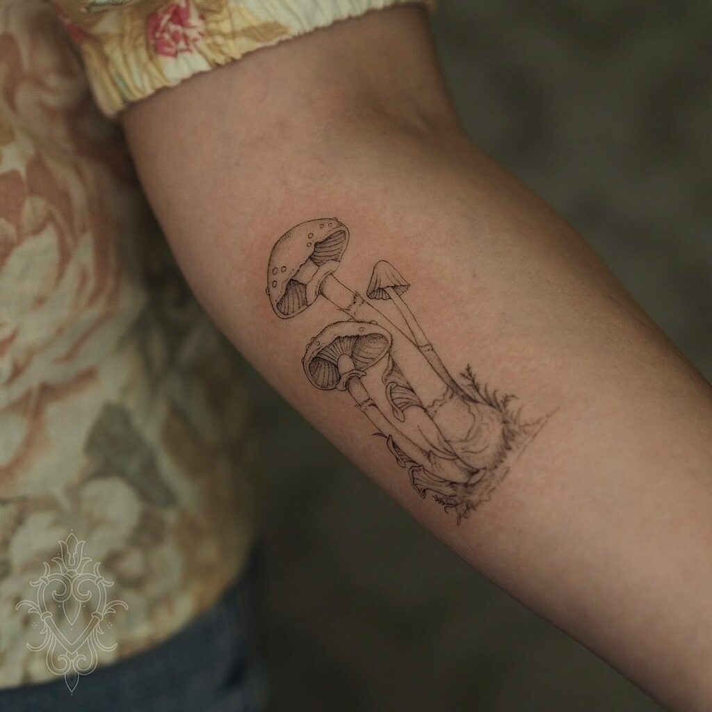 Mesmerizing Mushroom Tattoo Ideas + Meanings for 2024 12 Fine Line Mushroom Tattoo