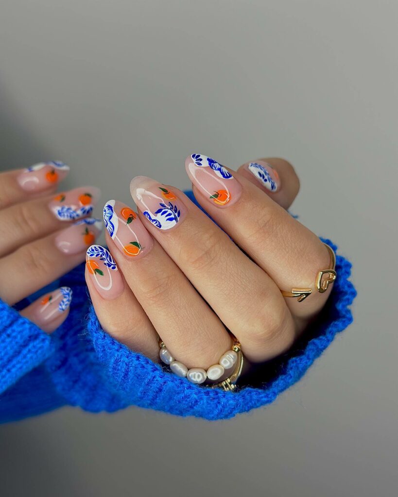 20 Latest Orange And Blue Nail Ideas To Try In 2024! 20 Gel Nails With Blue Flower And Fruit Orange Design