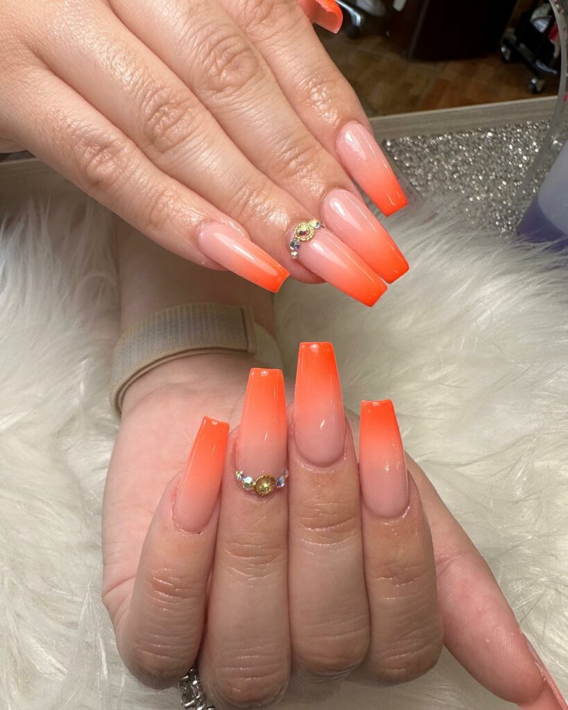 30 Latest Orange Ombre Nail Designs To Try In 2024! 36 Orange Ombre Coffin Nails With Rhinestones