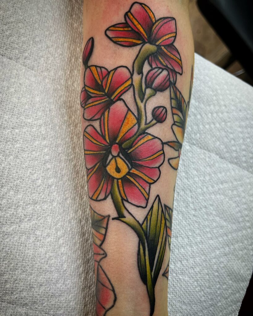 AMAZING ORCHID TATTOOS + THEIR COOL MEANINGS 23 American Traditional Orchid Tattoos