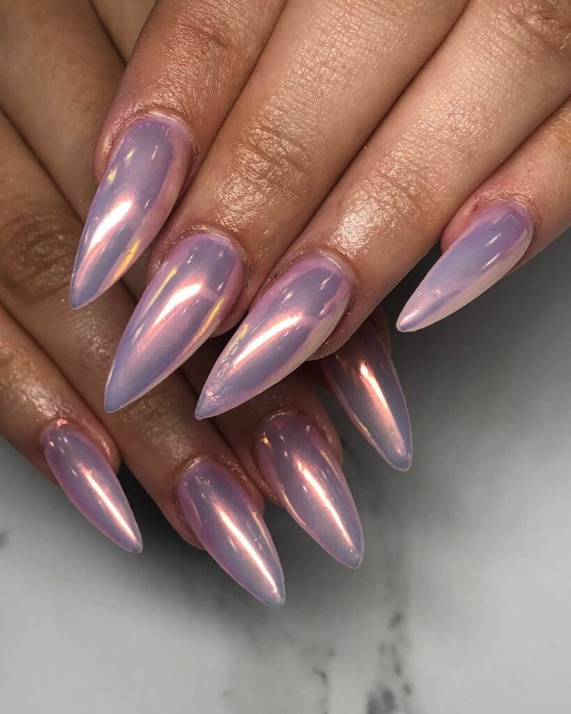 Shine with 30 Light Pink Chrome Nail Designs of 2024 36 Stiletto Light Pink Chrome Nails