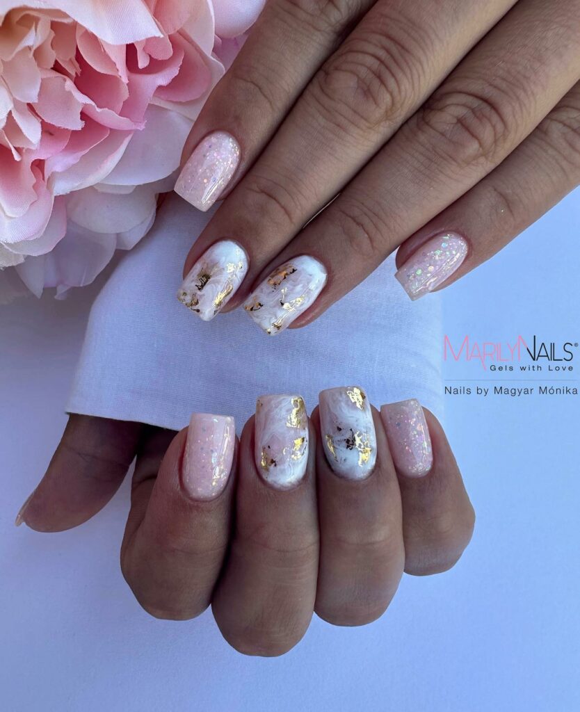 Embrace Elegance with 15 White Marble Nail Designs in 2024 23 White And Pink Marble Nails With Gold Foils