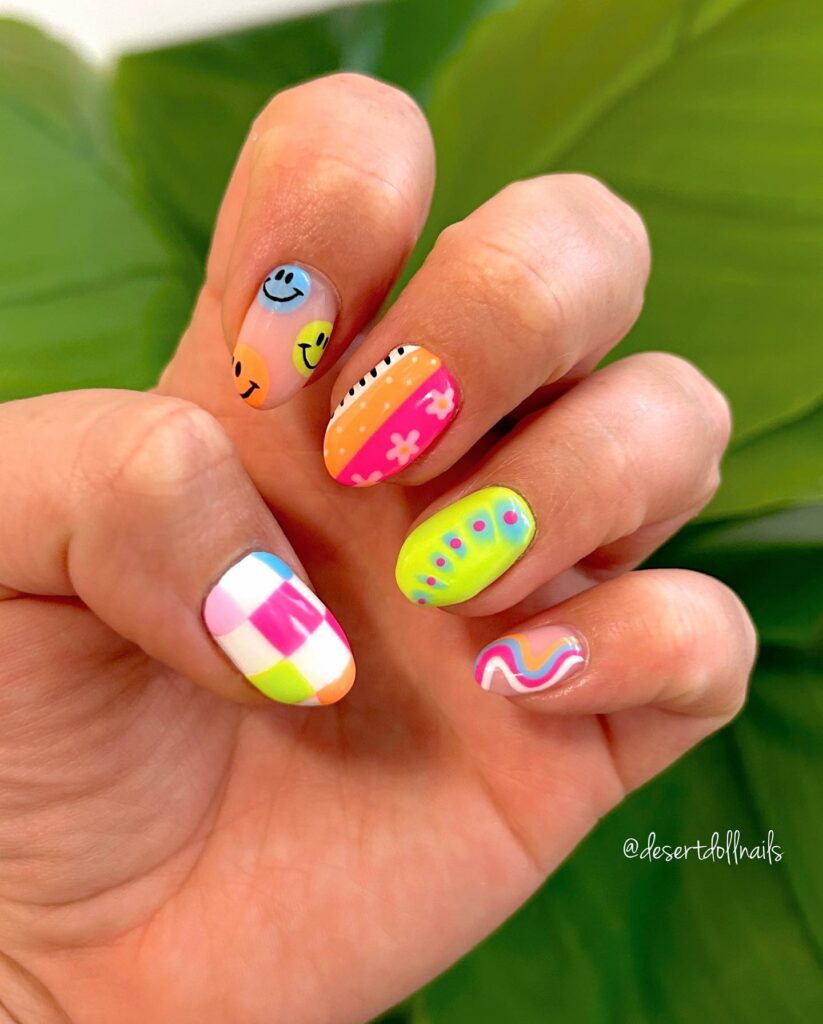 40 Latest Short Summer Nail Designs To Try In 2024! 34 Short Summer Nails With Emoji, Checkered And Swirl Design