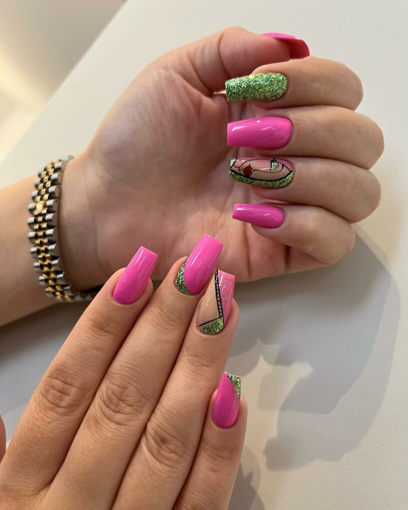 20 Latest Pink And Green Nail Ideas To Try In 2024! 15 Geometric Pink And Green Nails With Glitter