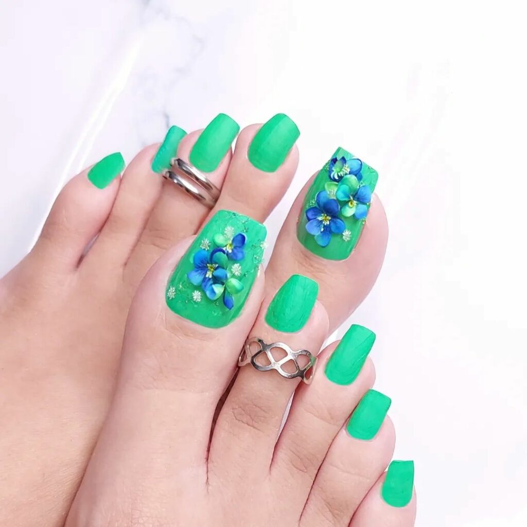 20 Latest Flower Pedicure Designs To Try In 2024! 25 Long Green Pedicure With 3D Flower Design