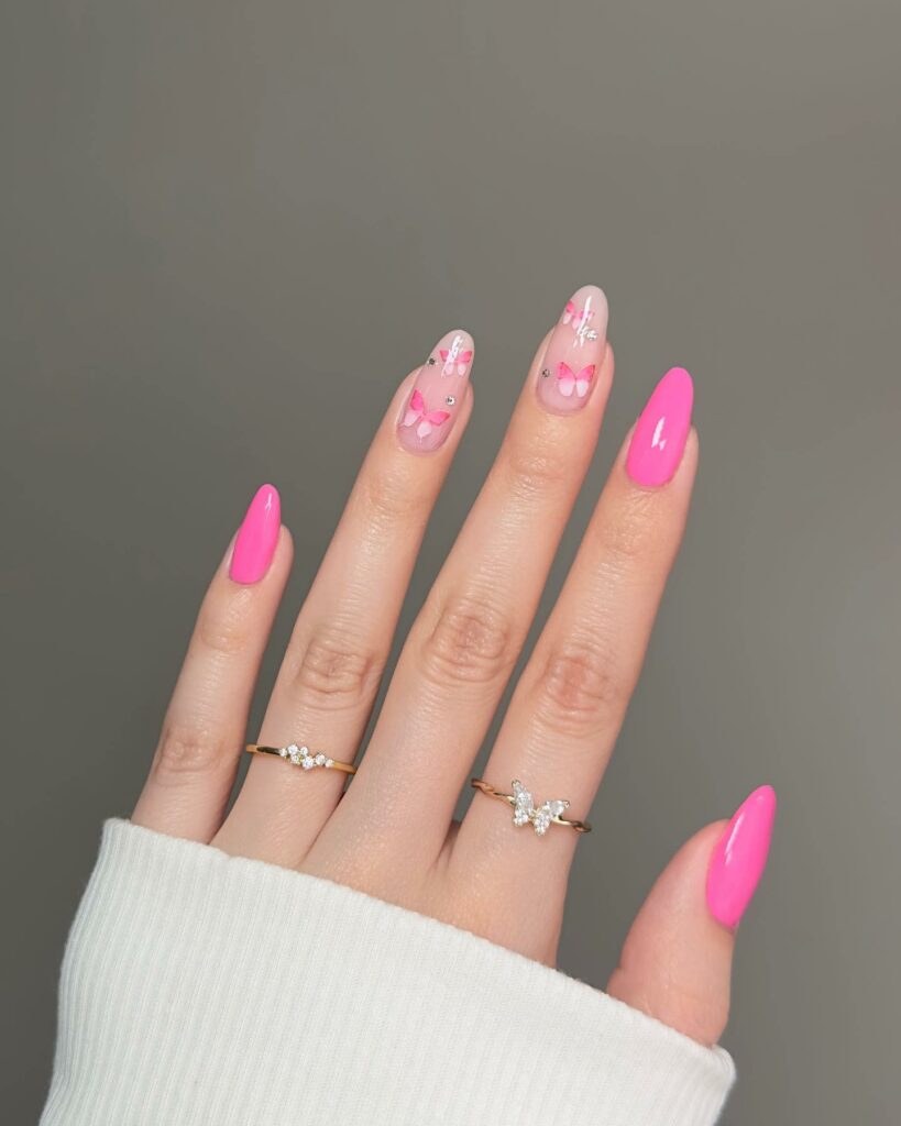 40 Latest Trendy Nail Ideas To Try In 2024! 34 Pink Almond Nails With Butterfly Design