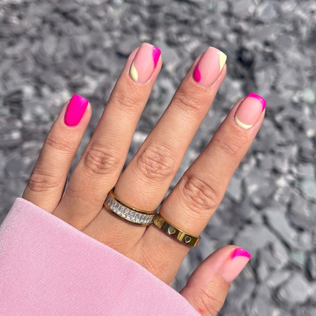 20 Latest Pink And Yellow Nail Ideas To Try In 2024! 32 Abstract Short Square Pink And Yellow Nails