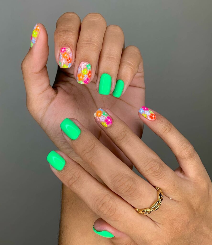 40 Latest Short Summer Nail Designs To Try In 2024! 19 Neon Green And Colorful Flower Short Summer Nails