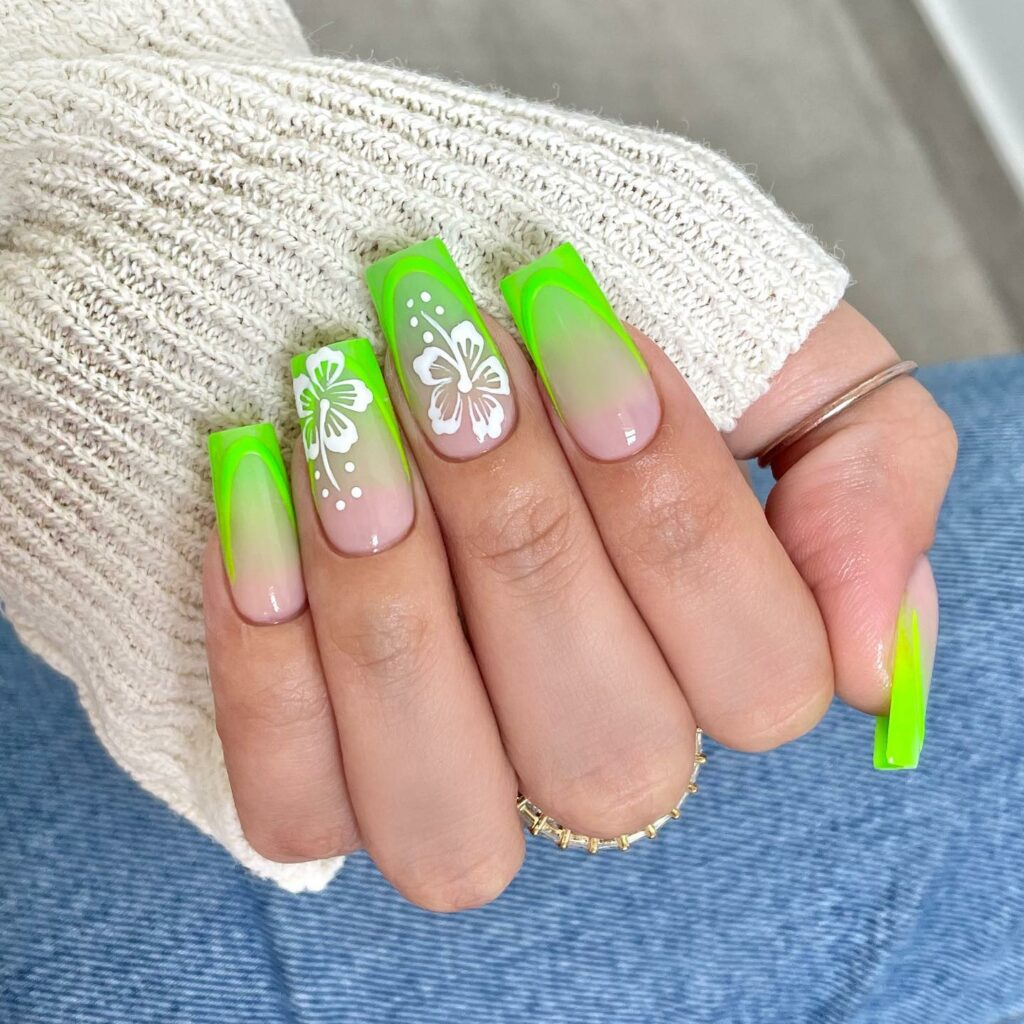 35 Latest Medium Square Nail Ideas To Try In 2024! 33 Green French Medium Square Nails With Hibiscus