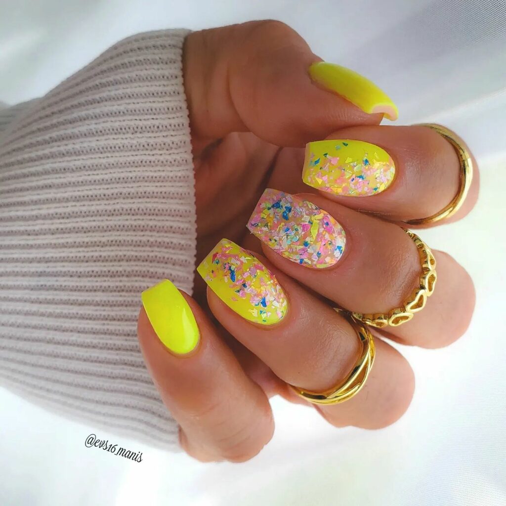 20 Latest Neon Yellow Nail Ideas To Try In 2024! 21 Neon Yellow Nails With Confetti Design