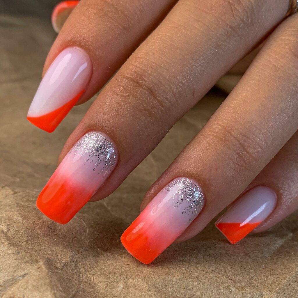 30 Latest Orange Ombre Nail Designs To Try In 2024! 11 Orange Ombre Nails with Silver Glitter