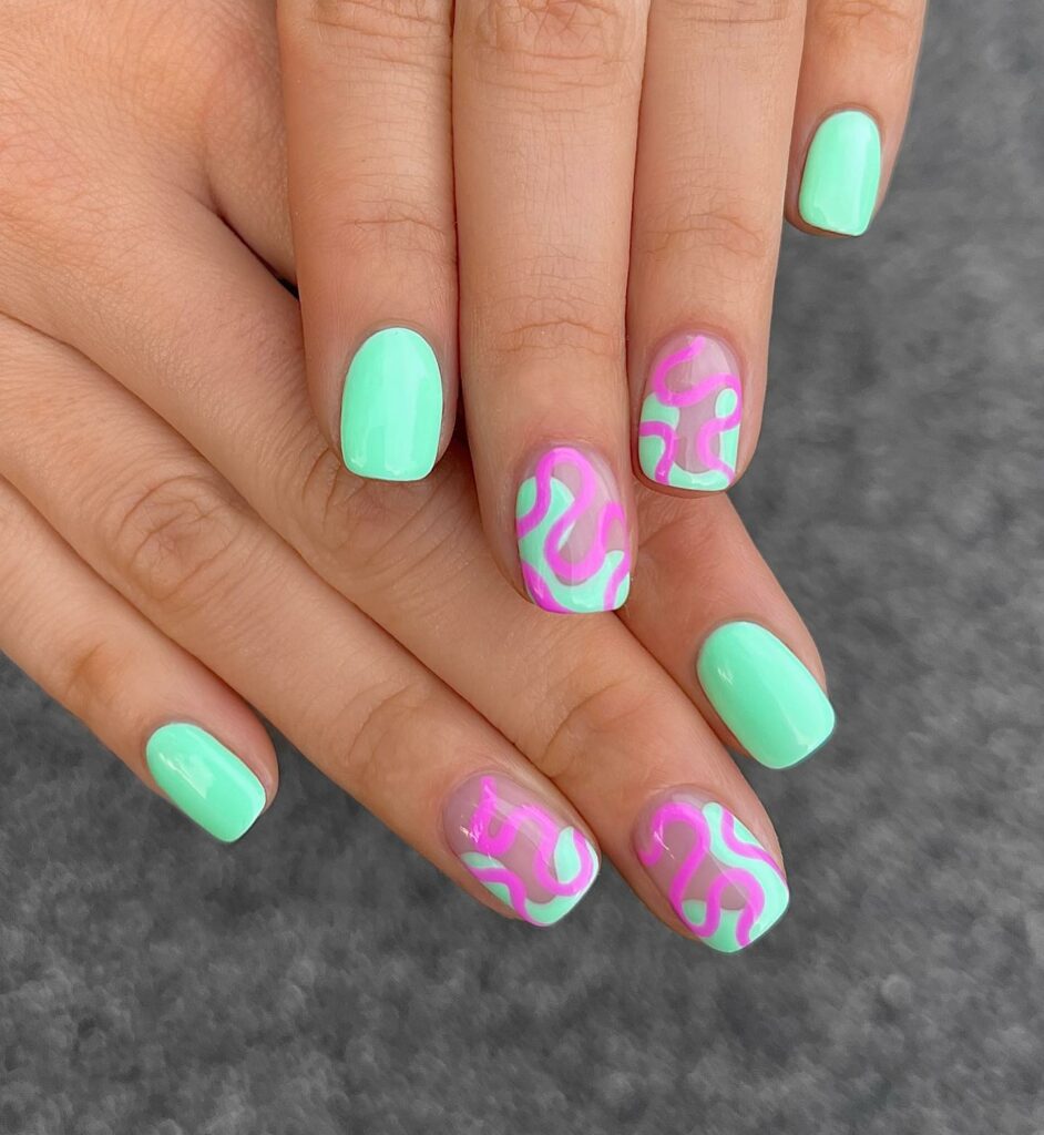 40 Latest Short Summer Nail Designs To Try In 2024! 29 Mint And Pink Abstract Summer Short Nails